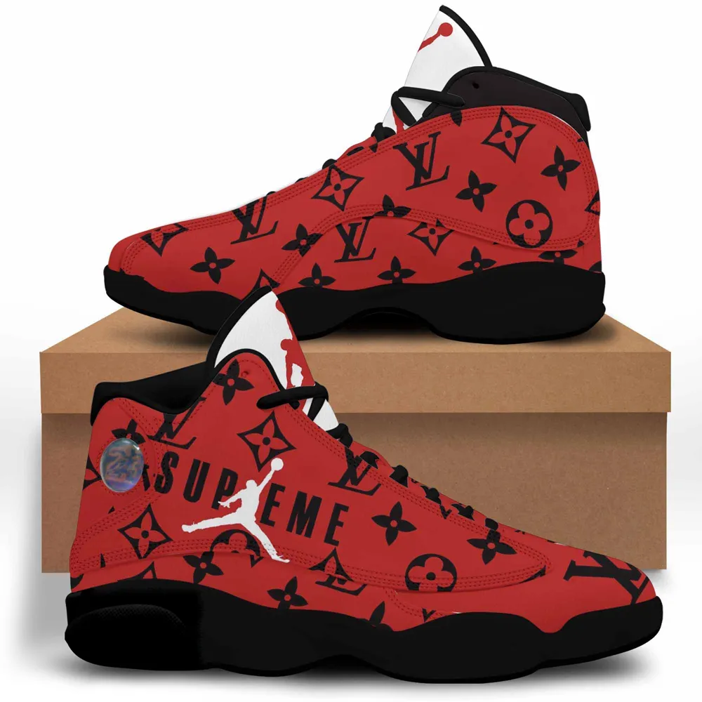 Louis Vuitton Supreme Red LV Air Jordan 13 Luxury Sneakers Shoes Fashion Trending