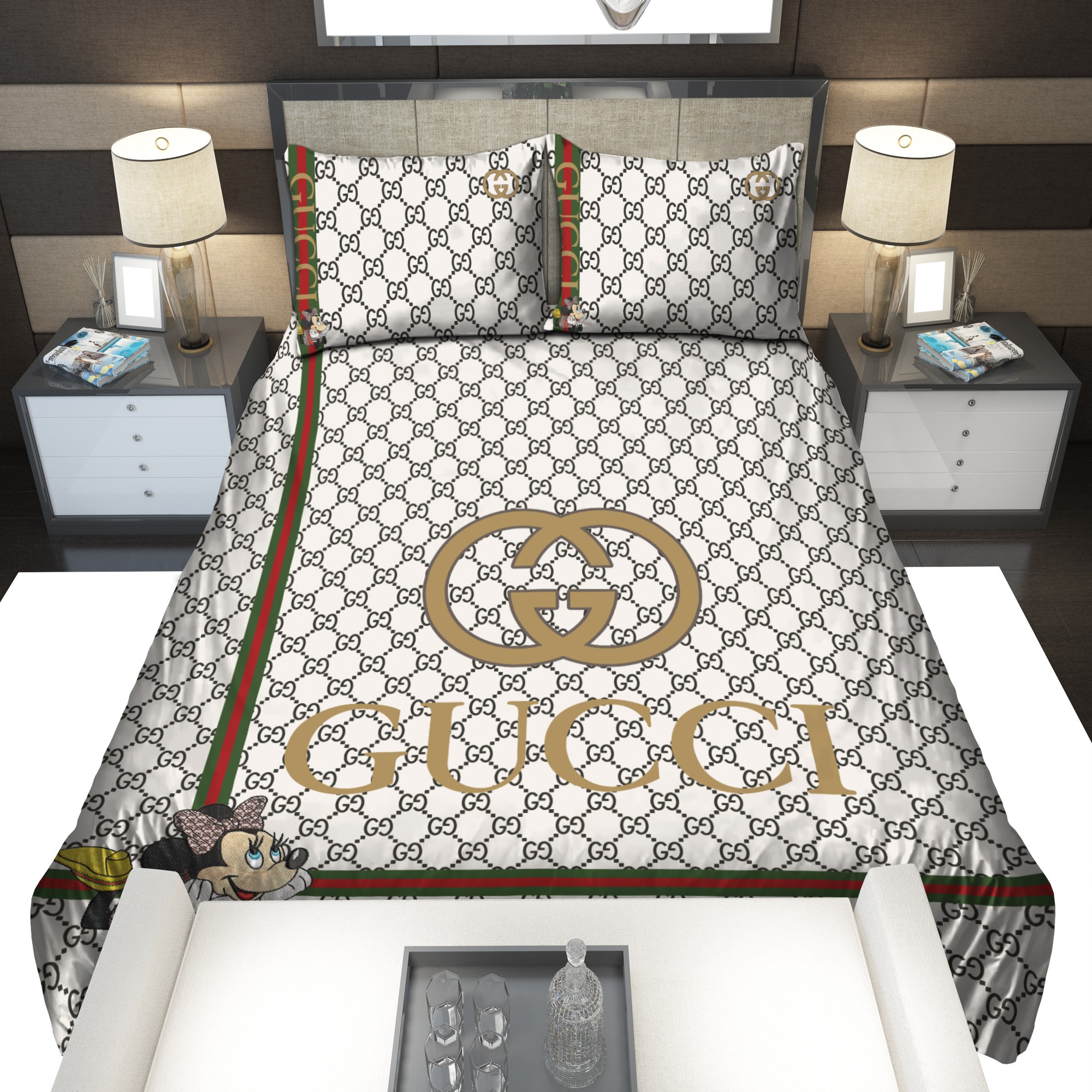 Gold Gucci Mickey Mouse Logo Brand Bedding Set Luxury Bedroom Home Decor Bedspread