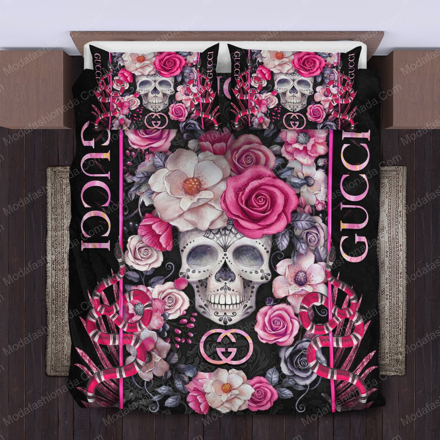 Skull Gucci Logo Brand Bedding Set Bedspread Luxury Bedroom Home Decor