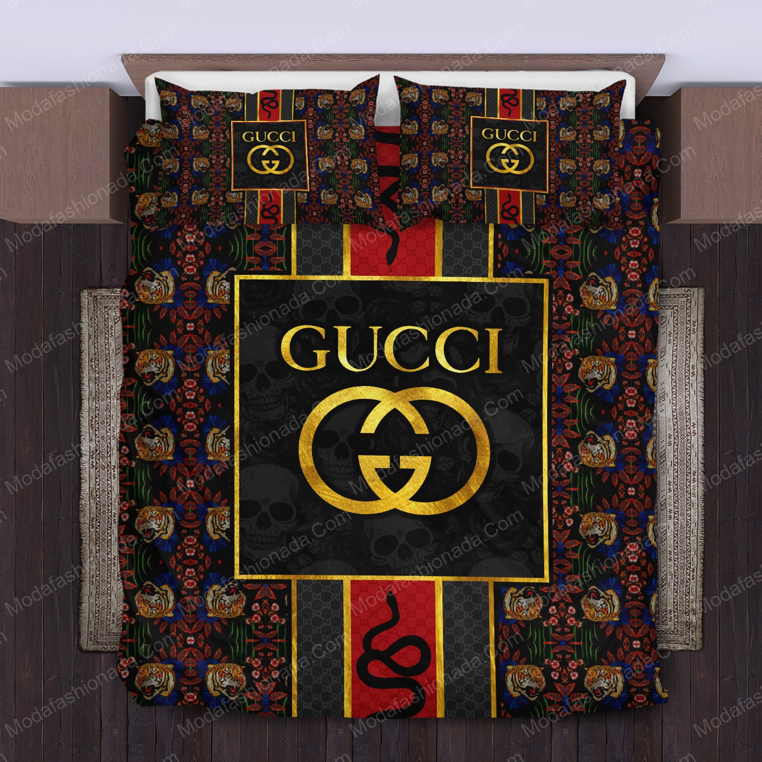 Gucci Pattern Tiger Snake Skull Logo Brand Bedding Set Bedspread Bedroom Home Decor Luxury