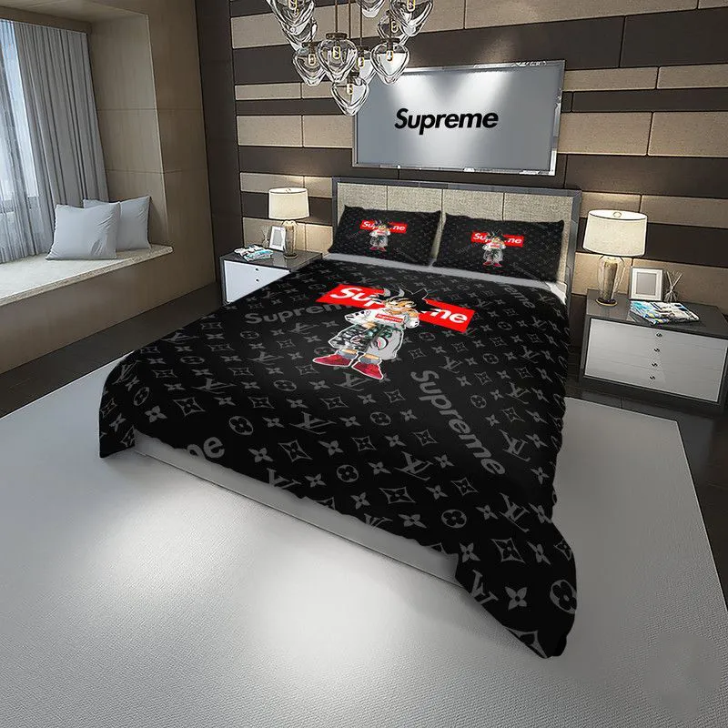 Louis Vuitton Supreme Dragon Ball Logo Brand Bedding Set Luxury Bedroom Home Decor Bedspread