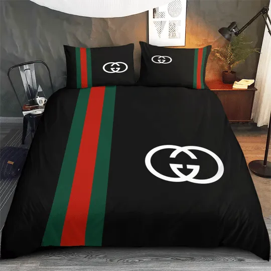 Gucci Black Logo Brand Bedding Set Bedspread Bedroom Luxury Home Decor