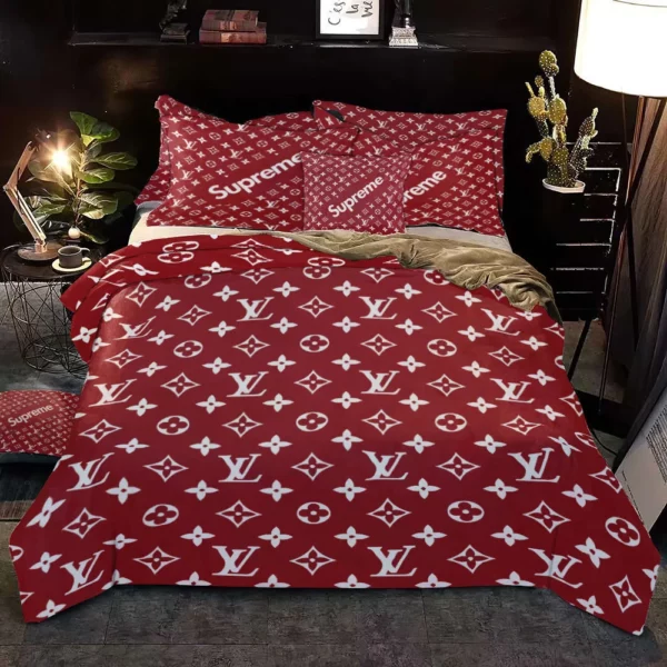 Louis Vuitton Supreme Red Logo Brand Bedding Set Luxury Home Decor Bedspread Bedroom