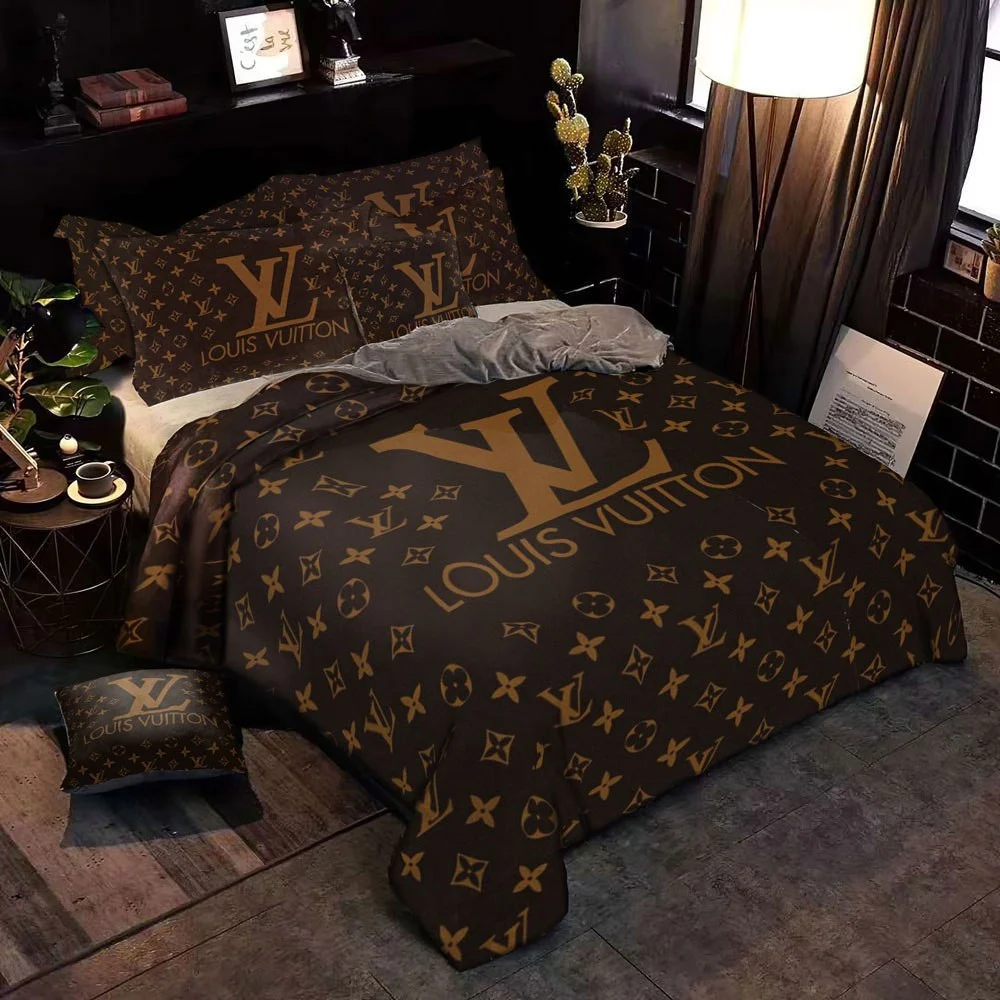 Louis Vuitton Brown Logo Brand Bedding Set Bedspread Bedroom Home Decor Luxury