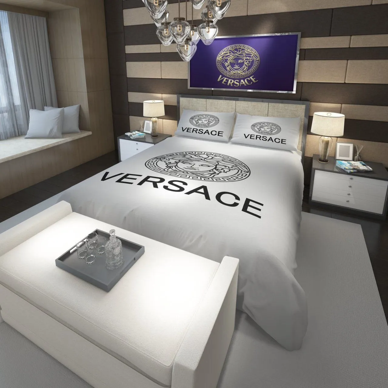Versace White And Black Logo Brand Bedding Set Home Decor Luxury Bedspread Bedroom