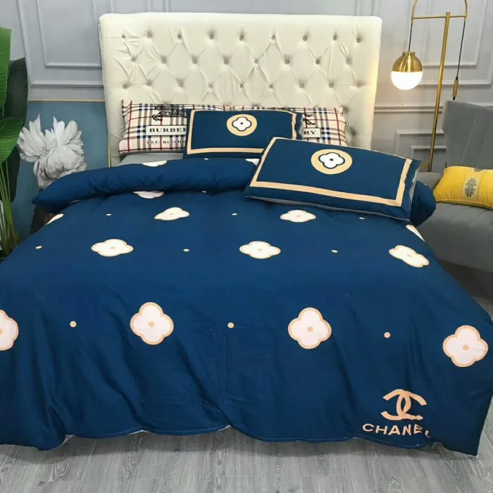 Chanel Flower Blue Logo Brand Bedding Set Luxury Bedspread Bedroom Home Decor