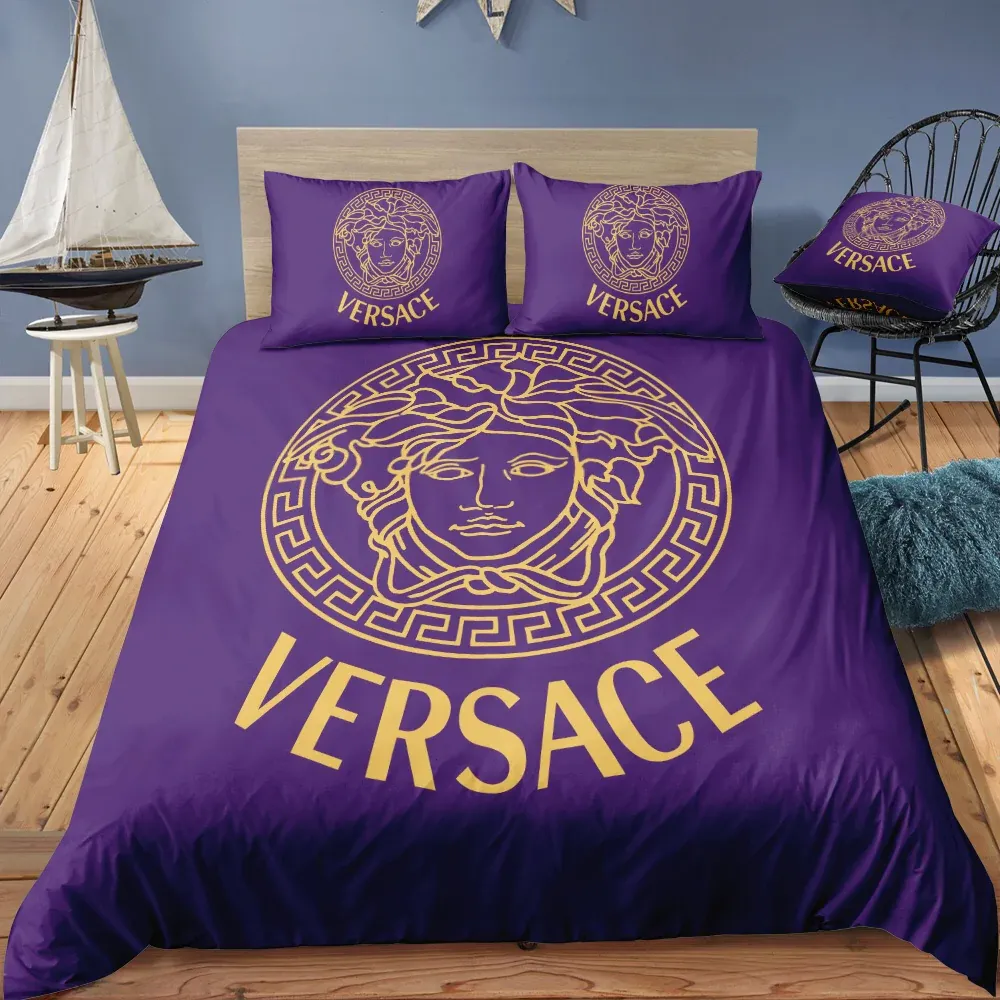 Versace Violet Logo Brand Bedding Set Bedspread Luxury Home Decor Bedroom