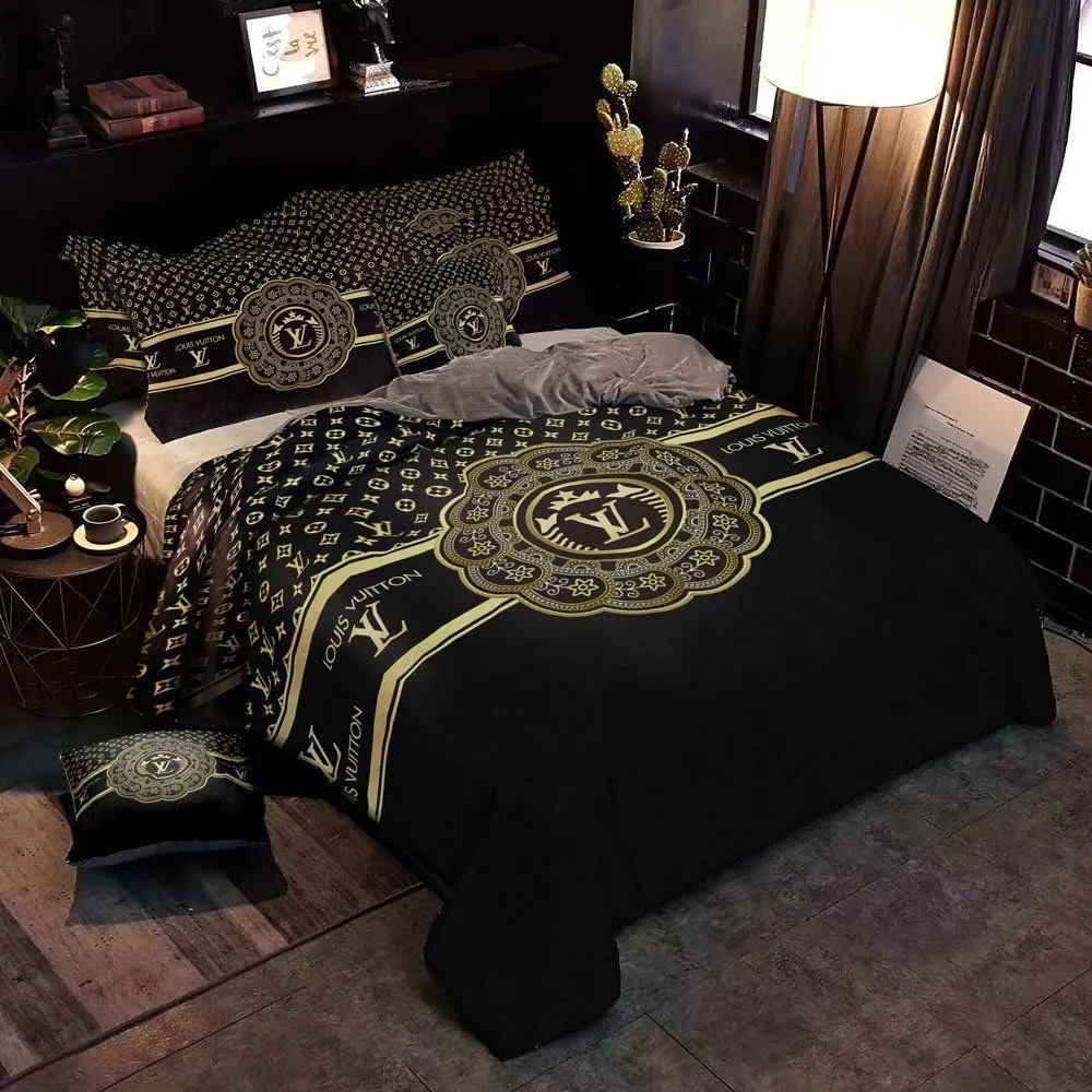 Louis Vuitton Black Gold Louis Vuitton Logo Brand Bedding Set Bedroom Bedspread Home Decor Luxury