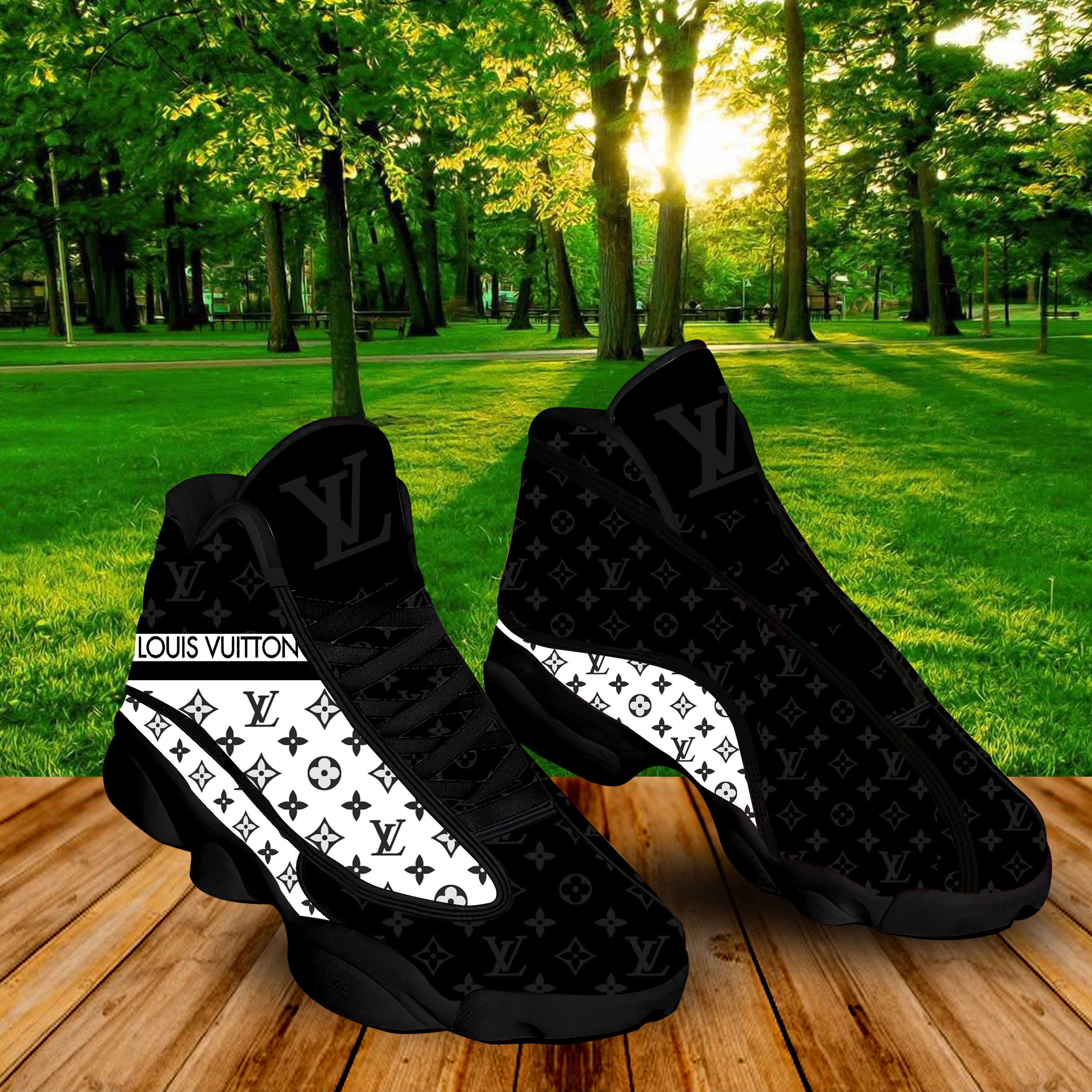 Louis Vuitton Black White Air Jordan 13 Trending Fashion Sneakers Shoes Luxury