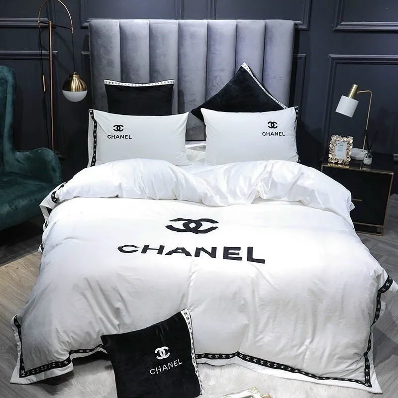 Chanel White Logo Brand Bedding Set Home Decor Bedroom Bedspread Luxury