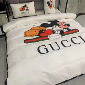 Gucci White Mickey Logo Brand Bedding Set Home Decor Bedroom Luxury Bedspread