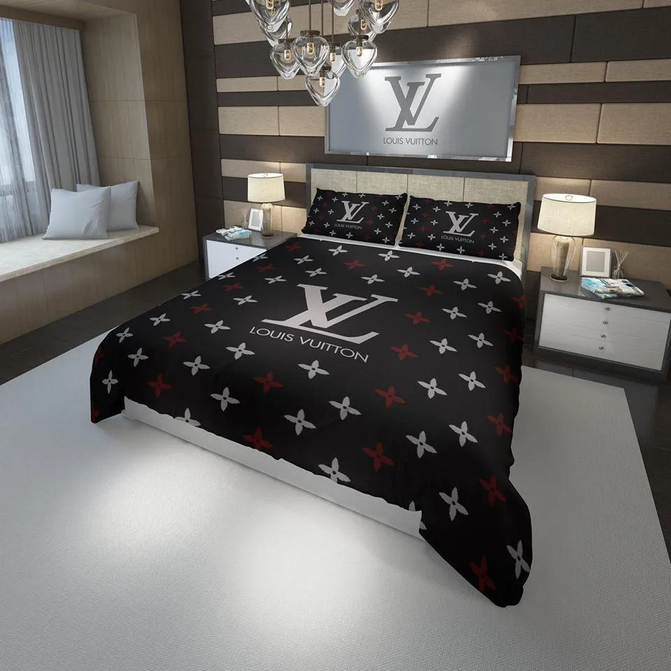 Louis Vuitton Black Logo Brand Bedding Set Bedroom Home Decor Luxury Bedspread