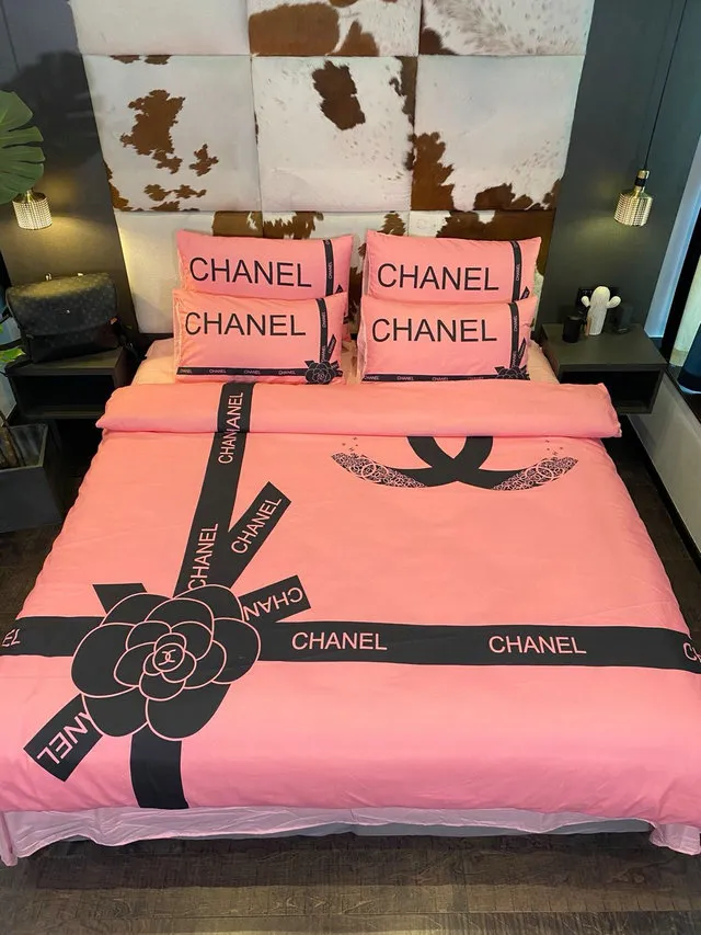 Chanel Italian Rose Pinky Logo Brand Bedding Set Bedspread Home Decor Bedroom Luxury