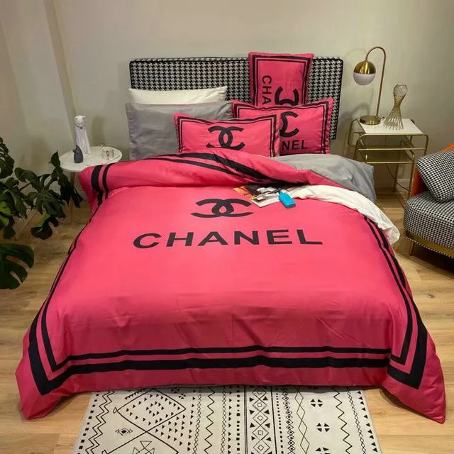 Chanel Red Logo Brand Bedding Set Luxury Bedspread Home Decor Bedroom