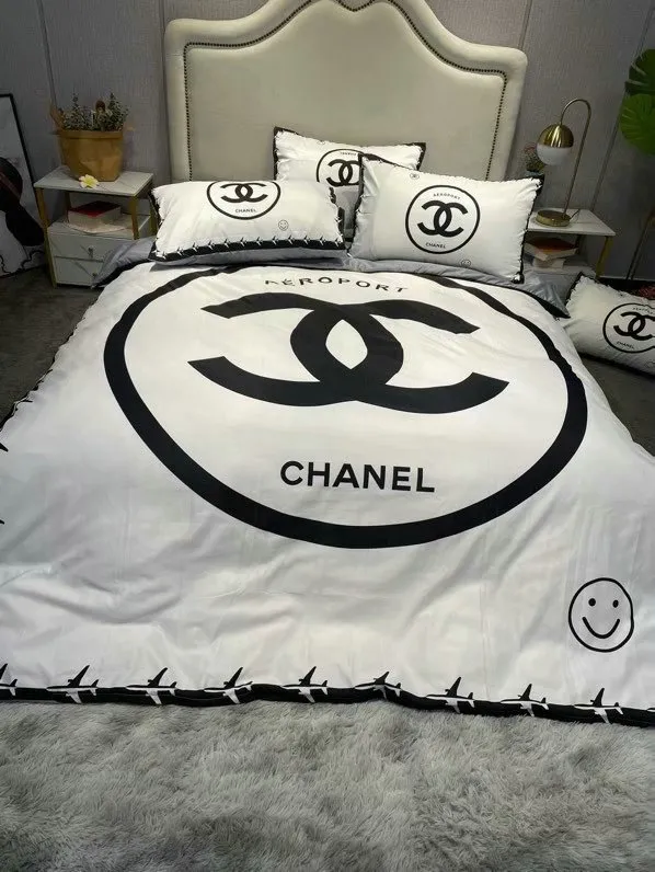 Chanel White Logo Brand Bedding Set Luxury Bedroom Home Decor Bedspread