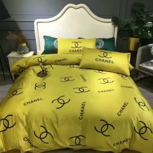 Chanel Yellow Logo Brand Bedding Set Home Decor Luxury Bedroom Bedspread