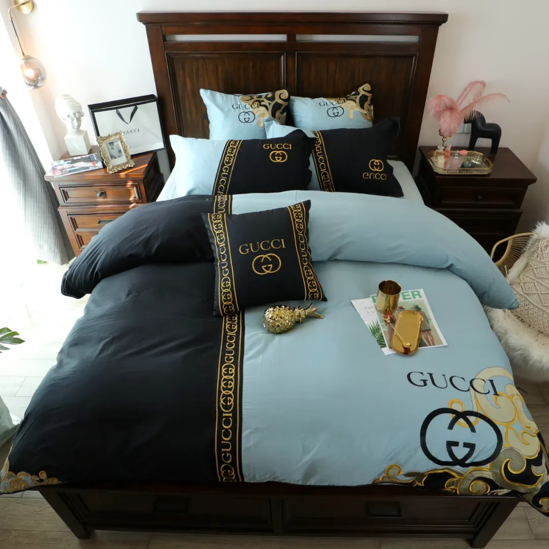 Gucci Black And Blue Logo Brand Bedding Set Home Decor Bedroom Bedspread Luxury