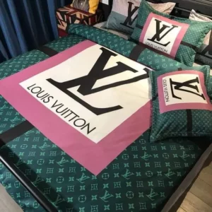 Best Louis Vuitton Pink And Green Monogram Logo Brand Bedding Set Bedspread Bedroom Luxury Home Decor