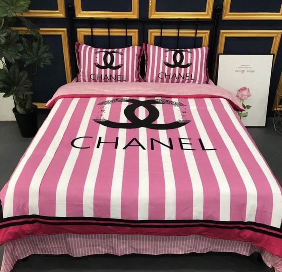 Chanel Pink White Logo Brand Bedding Set Luxury Bedroom Home Decor Bedspread