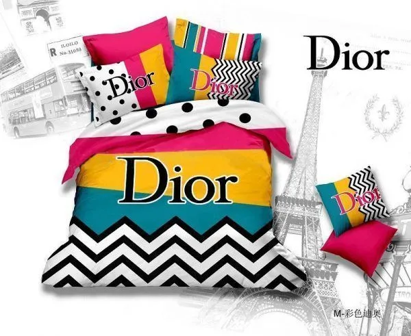 Dior Pink Yellow Logo Brand Bedding Set Luxury Bedroom Home Decor Bedspread