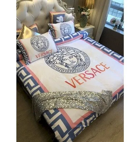 Versace White Logo Brand Bedding Set Luxury Bedroom Bedspread Home Decor