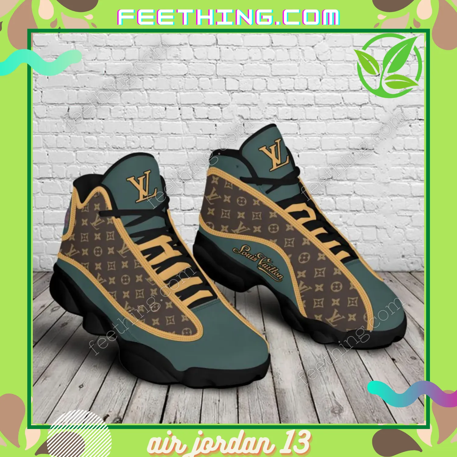 Louis Vuitton Emerald Green Interspersed  Brown Golden Logo Air Jordan 13 Shoes Fashion Luxury Sneakers Trending