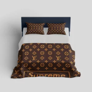 Louis Vuitton Supreme Brown Logo Brand Bedding Set Bedspread Bedroom Luxury Home Decor