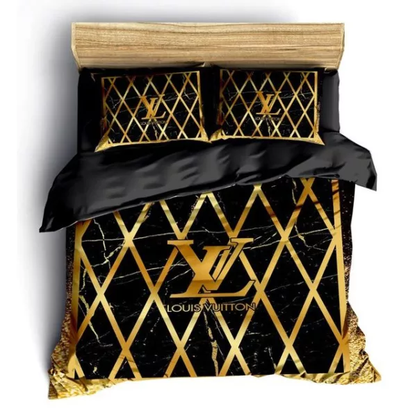 Louis Vuitton Golden Black Logo Brand Bedding Set Bedroom Bedspread Luxury Home Decor