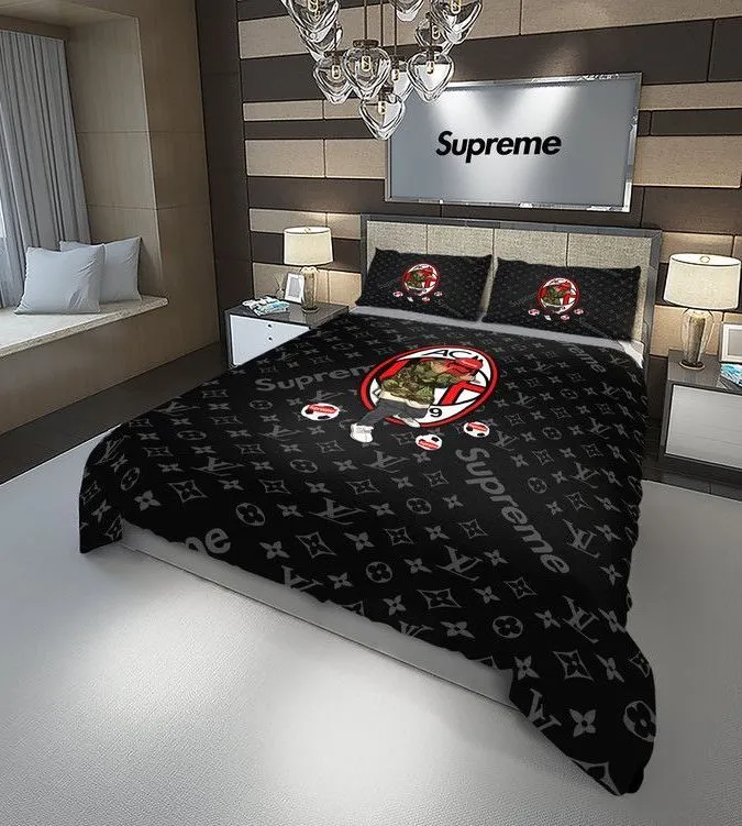 Louis Vuitton Supreme Ac Milan Fc Logo Brand Bedding Set Bedspread Home Decor Bedroom Luxury