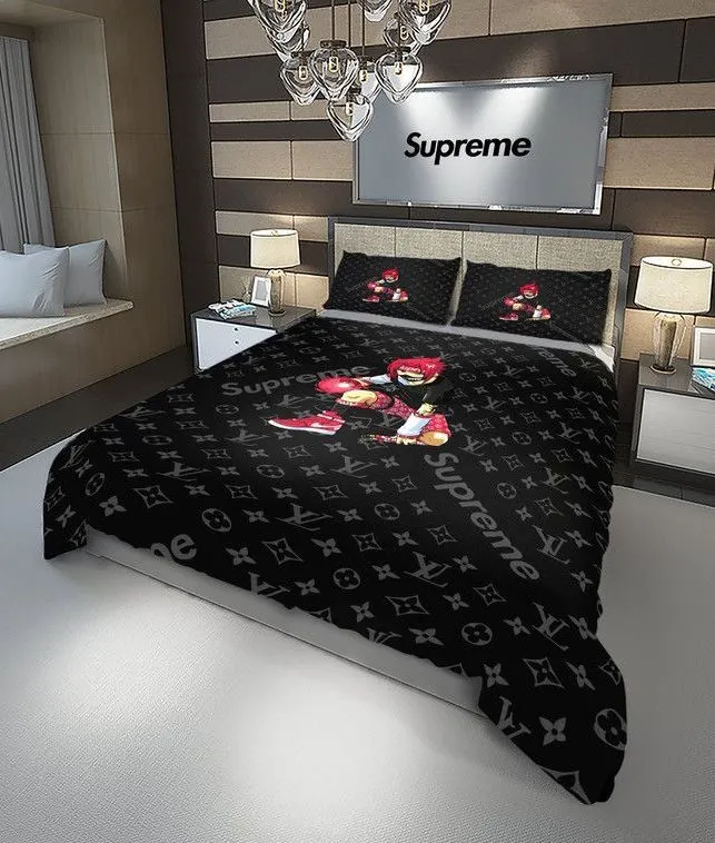 Louis Vuitton Supreme Red Sasuke Logo Brand Bedding Set Luxury Home Decor Bedspread Bedroom