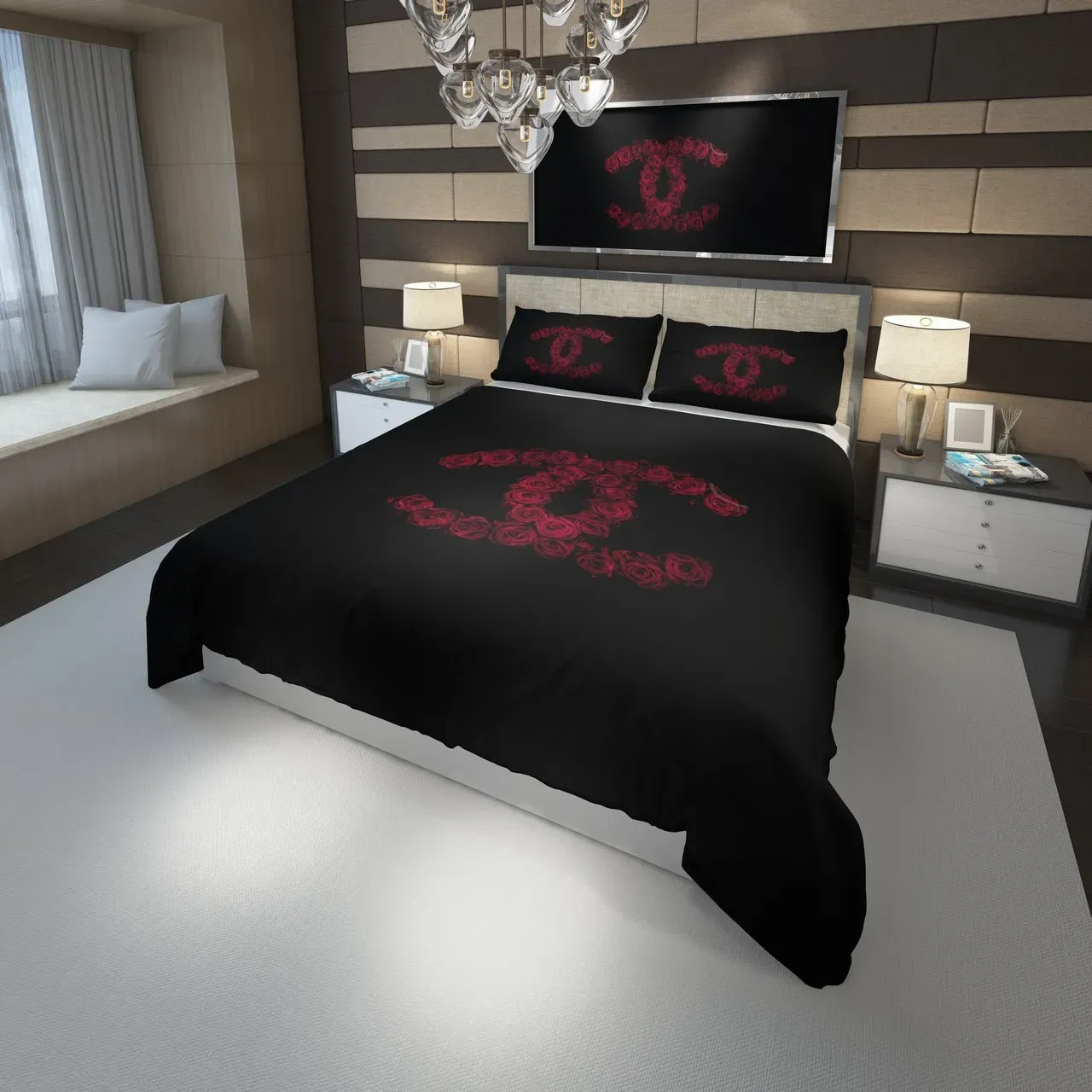 Chanel Red Roses Logo Brand Bedding Set Bedroom Luxury Home Decor Bedspread