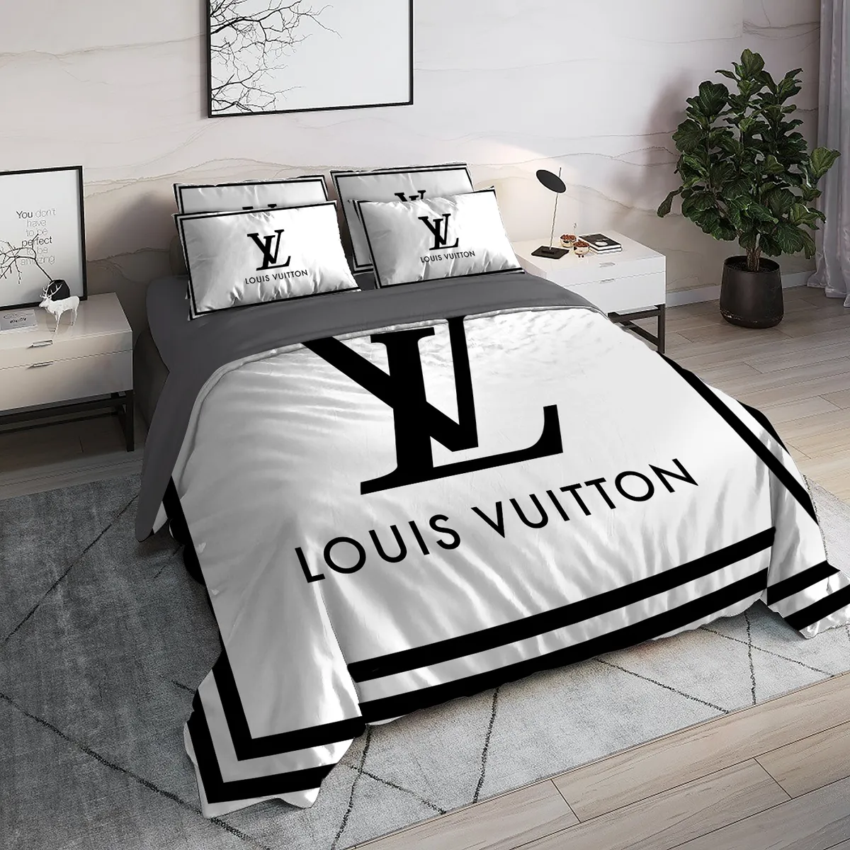 Louis Vuitton White Logo Brand Bedding Set Bedroom Home Decor Bedspread Luxury