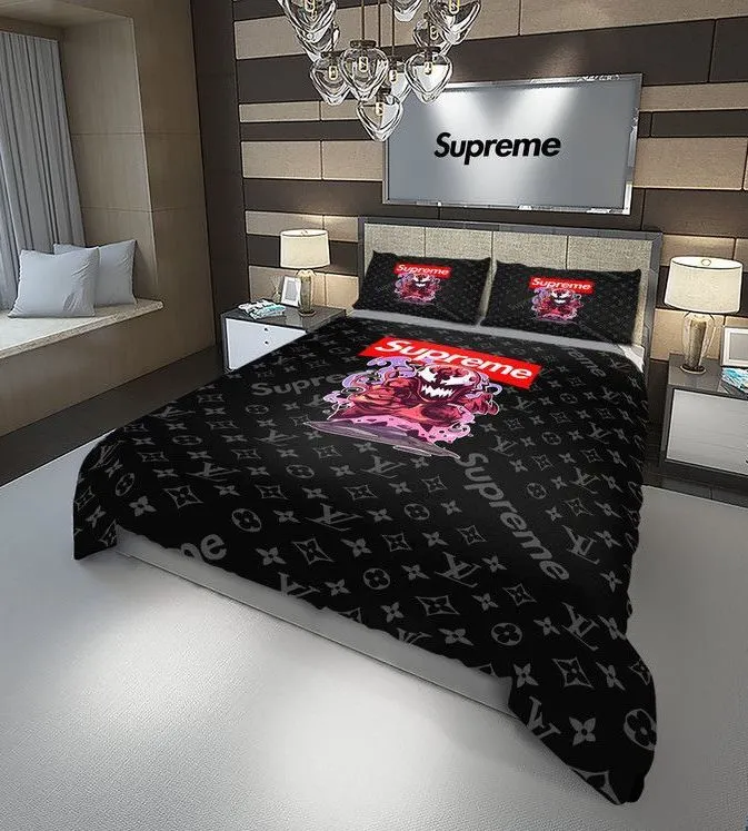 Louis Vuitton Supreme Venom Logo Brand Bedding Set Bedspread Bedroom Luxury Home Decor