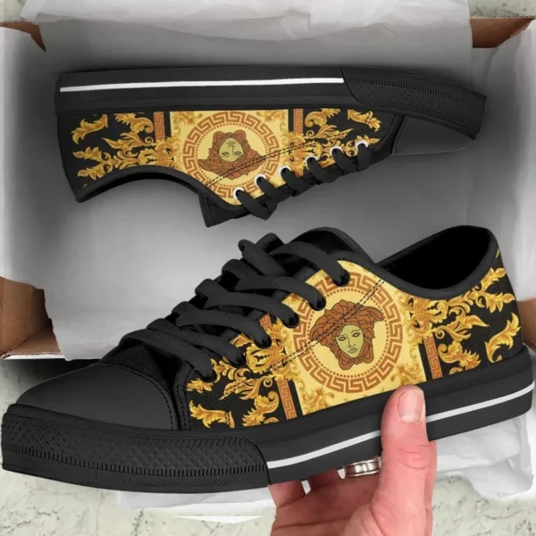 Versace Black Gold Medusa Low Top Canvas Shoes Luxury Brand