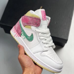 Air Jordan 1 Mid GS Paint Drip White Pink Yellow Green DD1666-100 For Sale