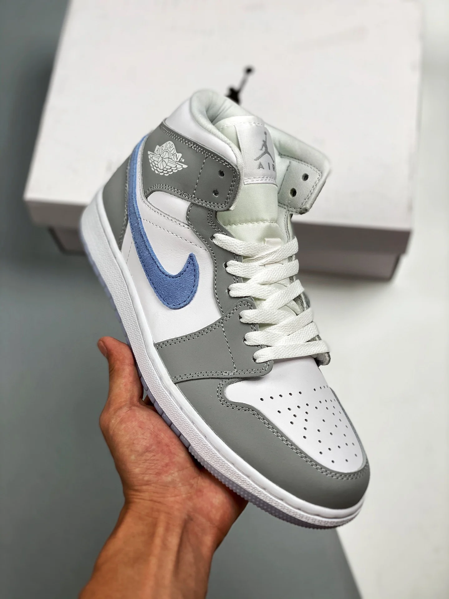 Air Jordan 1 Mid White Grey Blue With Icy Soles
