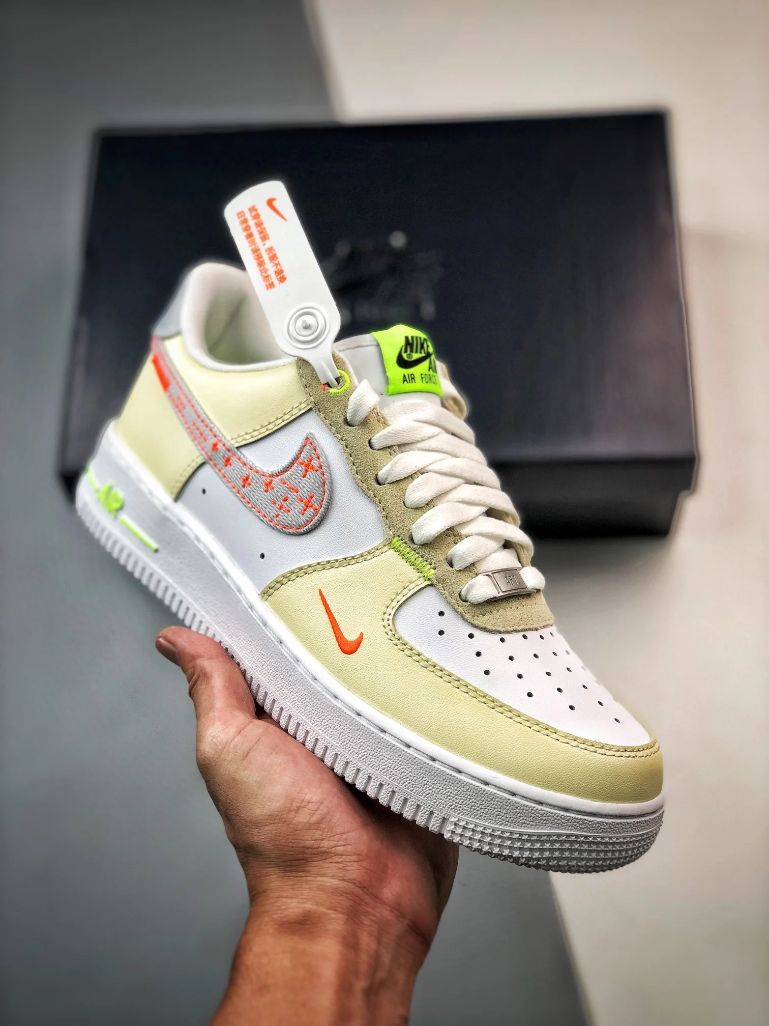Nike Air Force 1 Low Just Stitch It White Tan Neon FB1852-111 For Sale