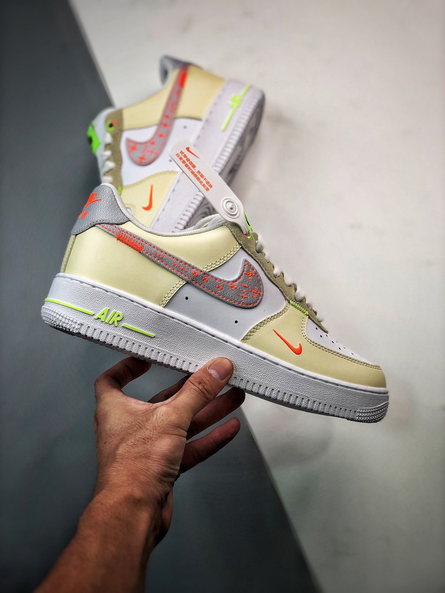 Nike Air Force 1 Low Just Stitch It White Tan Neon FB1852-111 For Sale