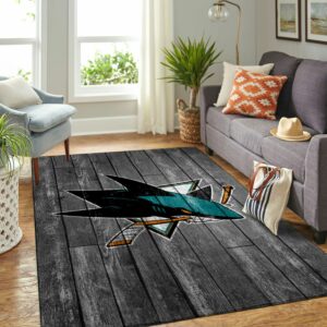 San Jose Sharks Nhl Team Logo Grey Wooden Type 7779 Rug Home Decor Living Room Area Carpet