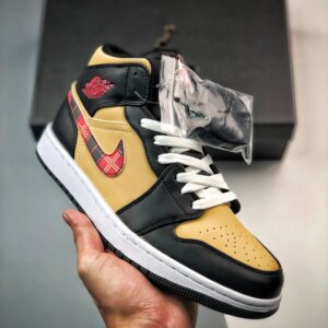 Air Jordan 1 Mid Tartan Swoosh Tan Black-Red DZ5329-001 For Sale