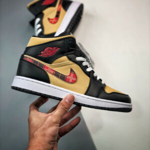 Air Jordan 1 Mid Tartan Swoosh Tan Black-Red DZ5329-001 For Sale