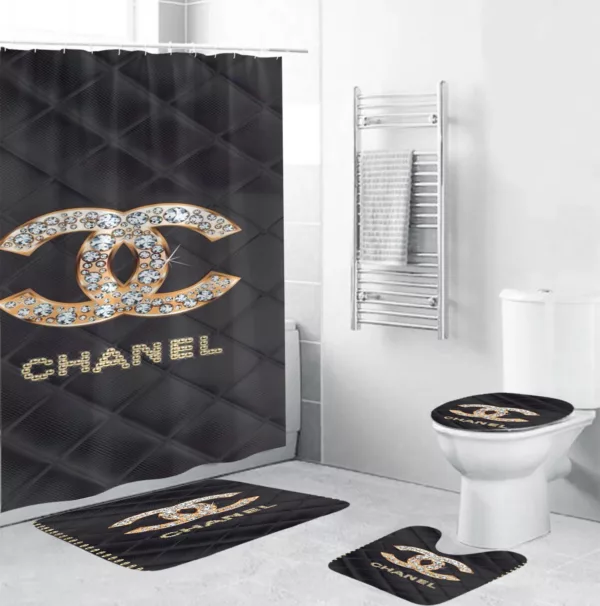 Coco Chanel Goldenwith Full Of Diamonds In Argyle Background Bathroom Set Luxury Fashion Brand Hypebeast Bath Mat Home Decor