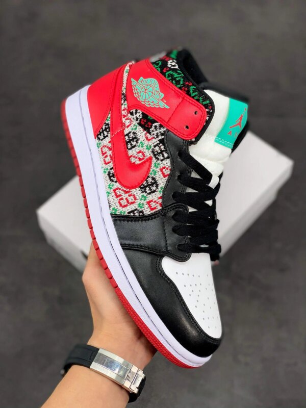 Air Jordan 1 Mid Christmas Sweater White Black-Roma Green-University Red For Sale