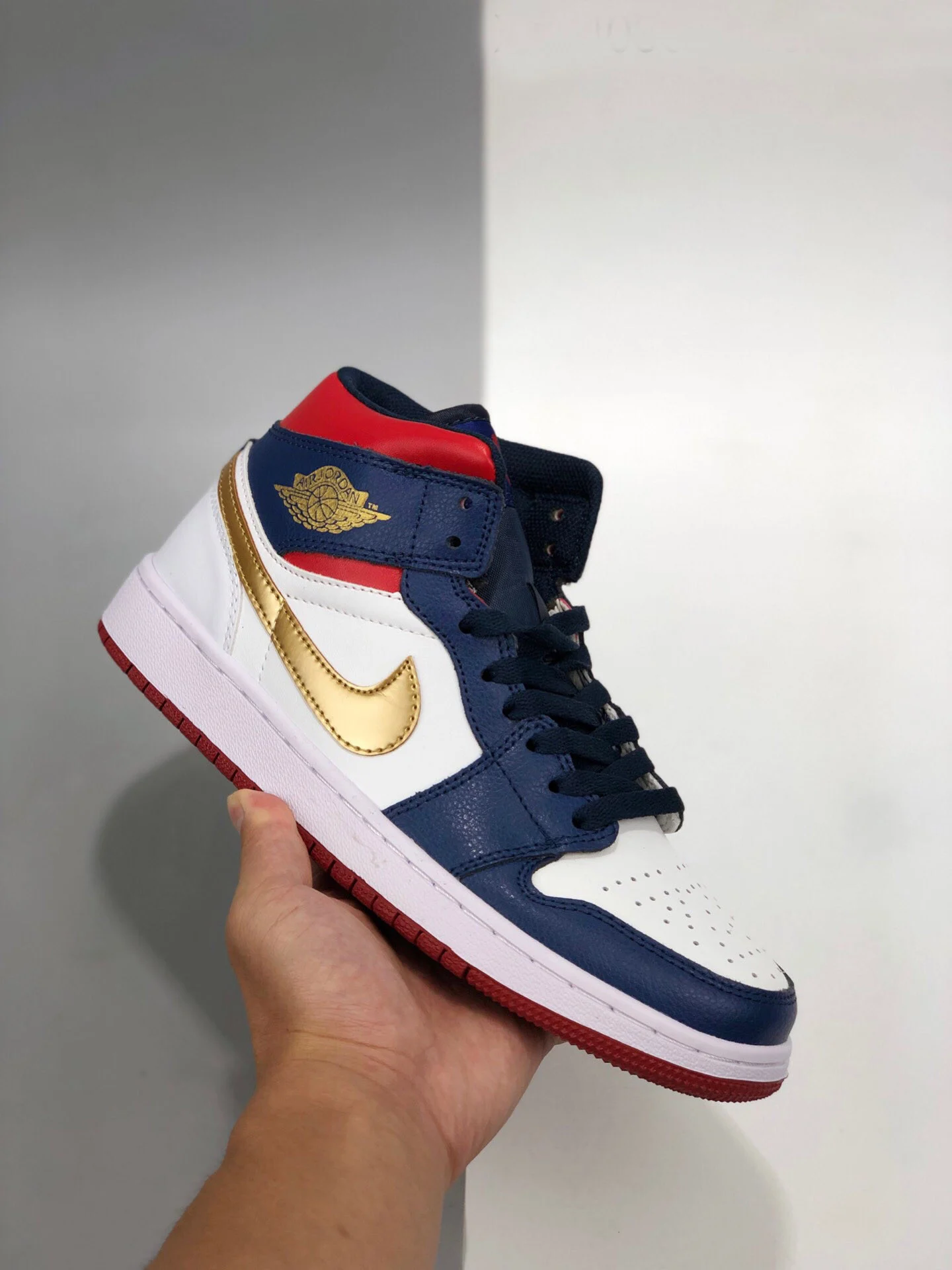 Air Jordan 1 Mid Olympic White Navy Gold For Sale