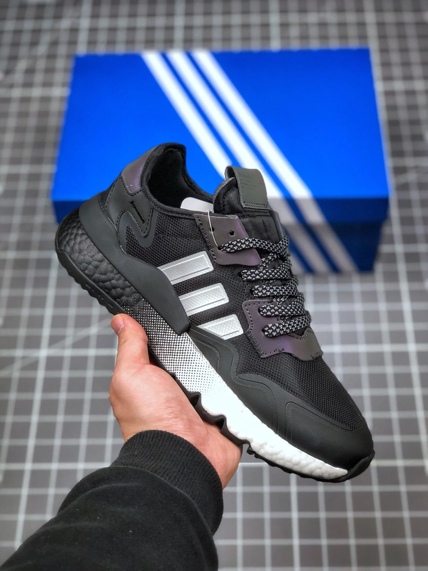 Adidas Nite Jogger Black Silver Metallic White For Sale