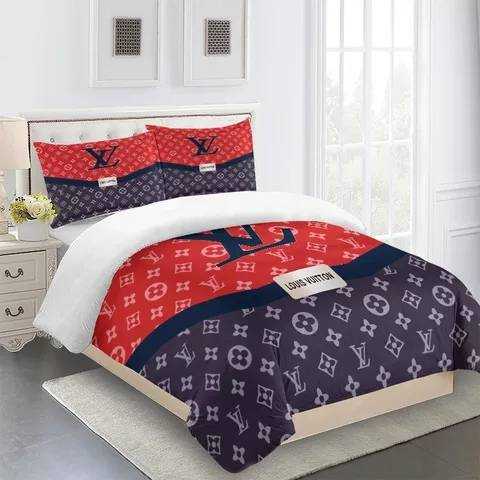 Supreme Blue And Red Louis Vuitton Logo Brand Bedding Set Home Decor Bedspread Bedroom Luxury