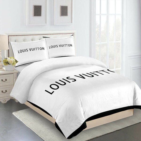 Dark Beige And Black Louis Vuitton Logo Brand Bedding Set Luxury Bedspread Bedroom Home Decor