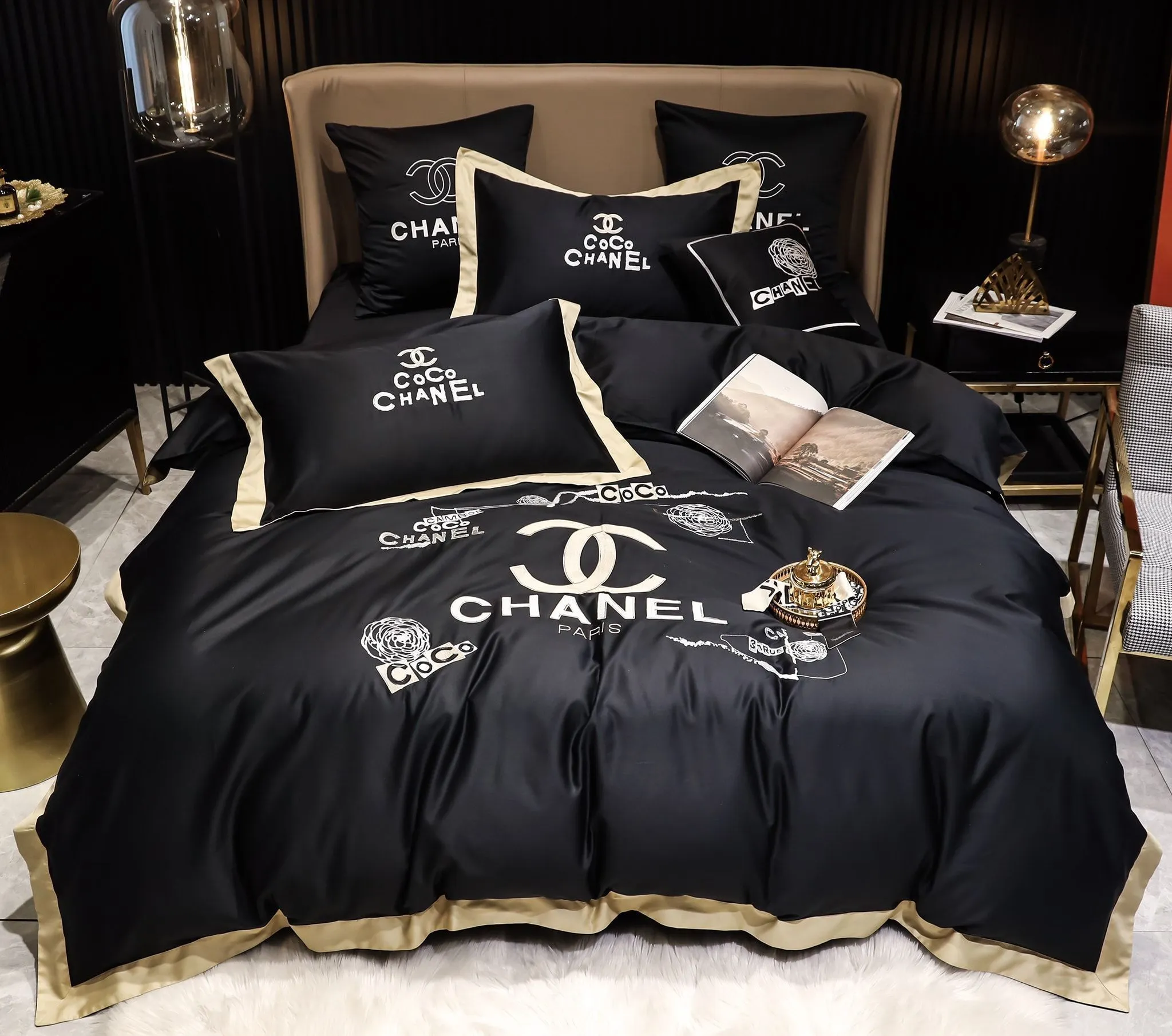 Coco Chanel Black Logo Brand Bedding Set Bedroom Bedspread Luxury Home Decor