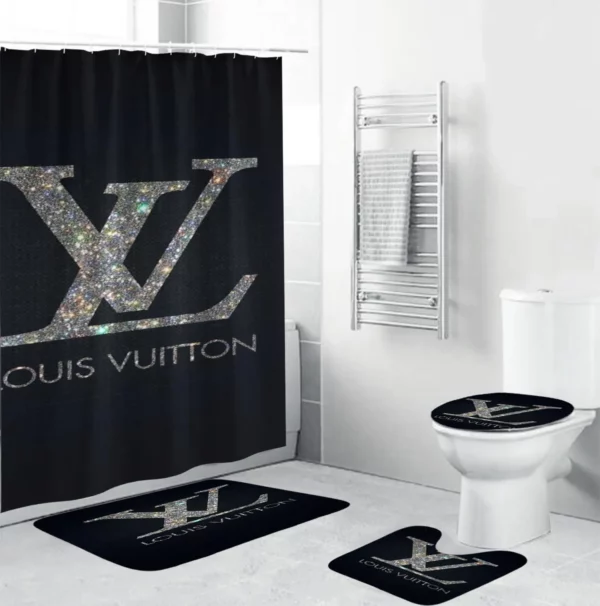 Louis Vuitton Lv Louis Vuitton Glitterin Black Background Bathroom Set Home Decor Hypebeast Luxury Fashion Brand Bath Mat