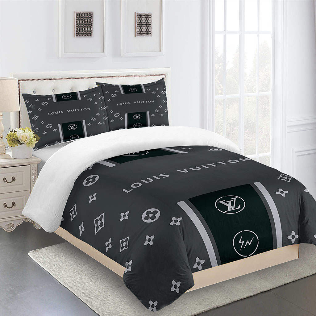 Beautiful Gray Black Louis Vuitton Logo Brand Bedding Set Home Decor Luxury Bedroom Bedspread